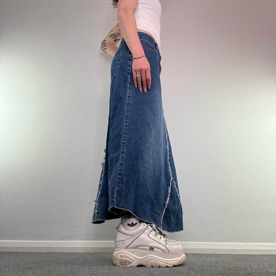 Y2K vintage denim reworked fraying hem maxi skirt