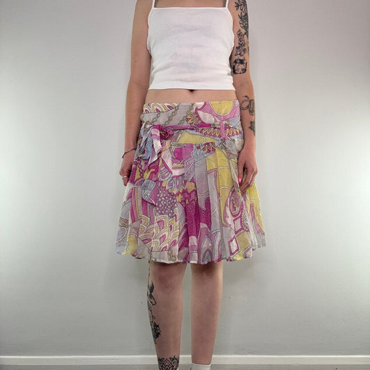 Y2K silk floaty patterned bow summer midi skirt