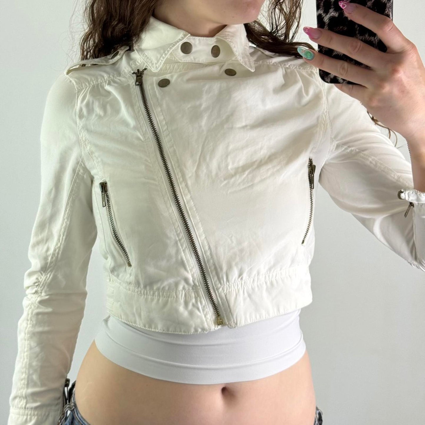 Vintage cropped fitted long sleeve jacket lightweight asymmetrical zipper XS