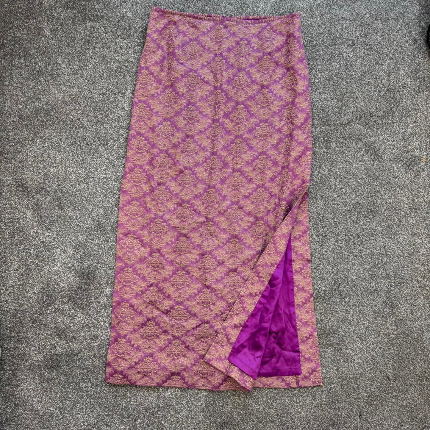 Y2K vintage Karen Millen maxi skirt brocade pattern floral gold purple