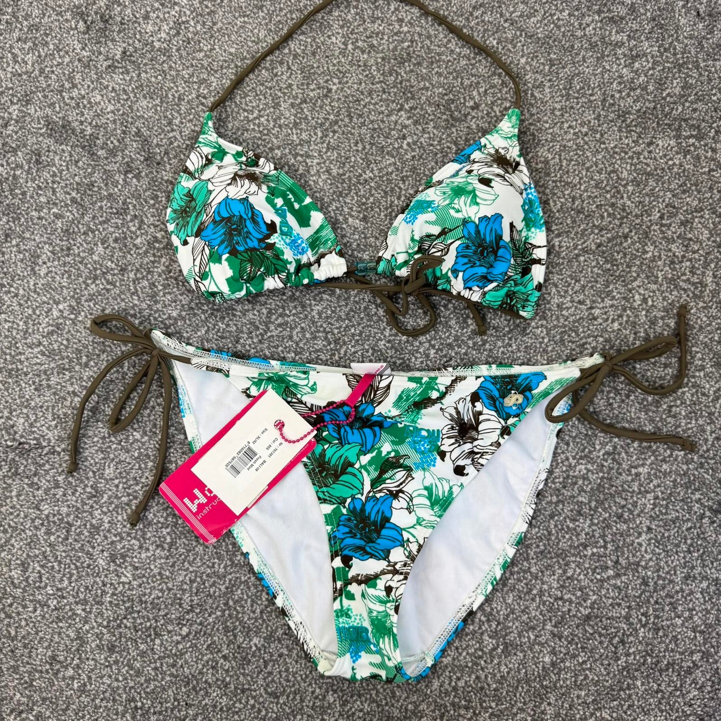 Y2K vintage floral matching bikini set halter neck top adjustable bow white blue