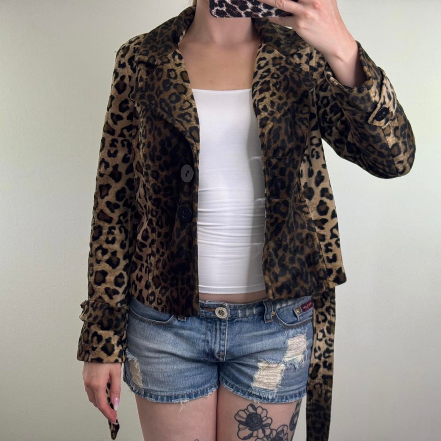 Y2K vintage fuzzy leopard print short jacket with belt flattering lightweight