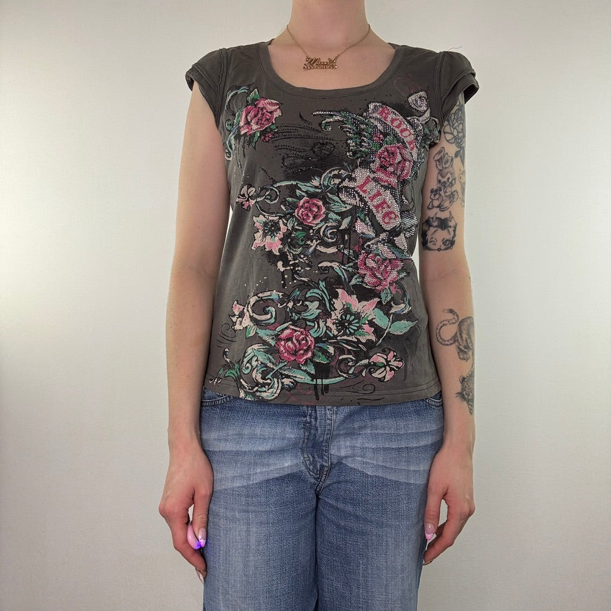 Y2K vintage grey tattoo rose studded top t shirt