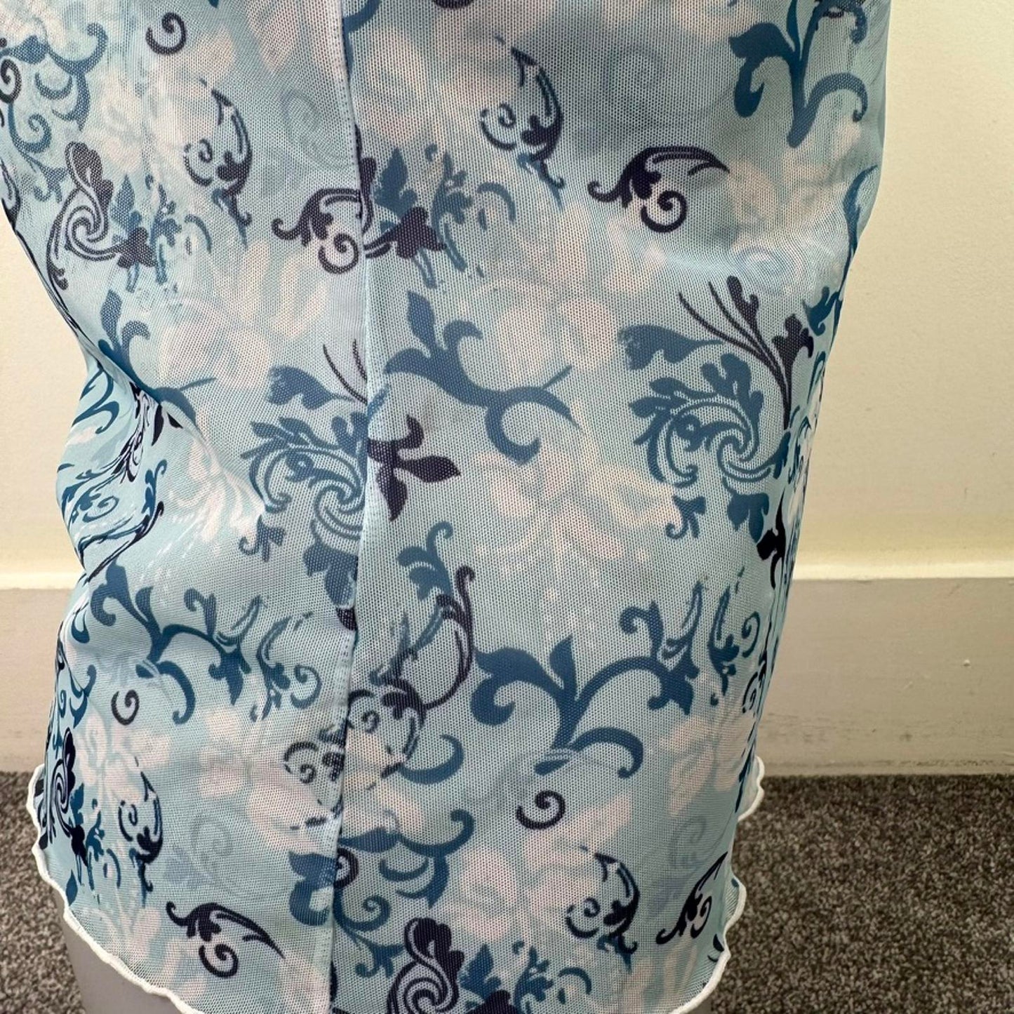 Y2K vintage mesh cami top lace trim filigree pattern bow sheer blue white fitted