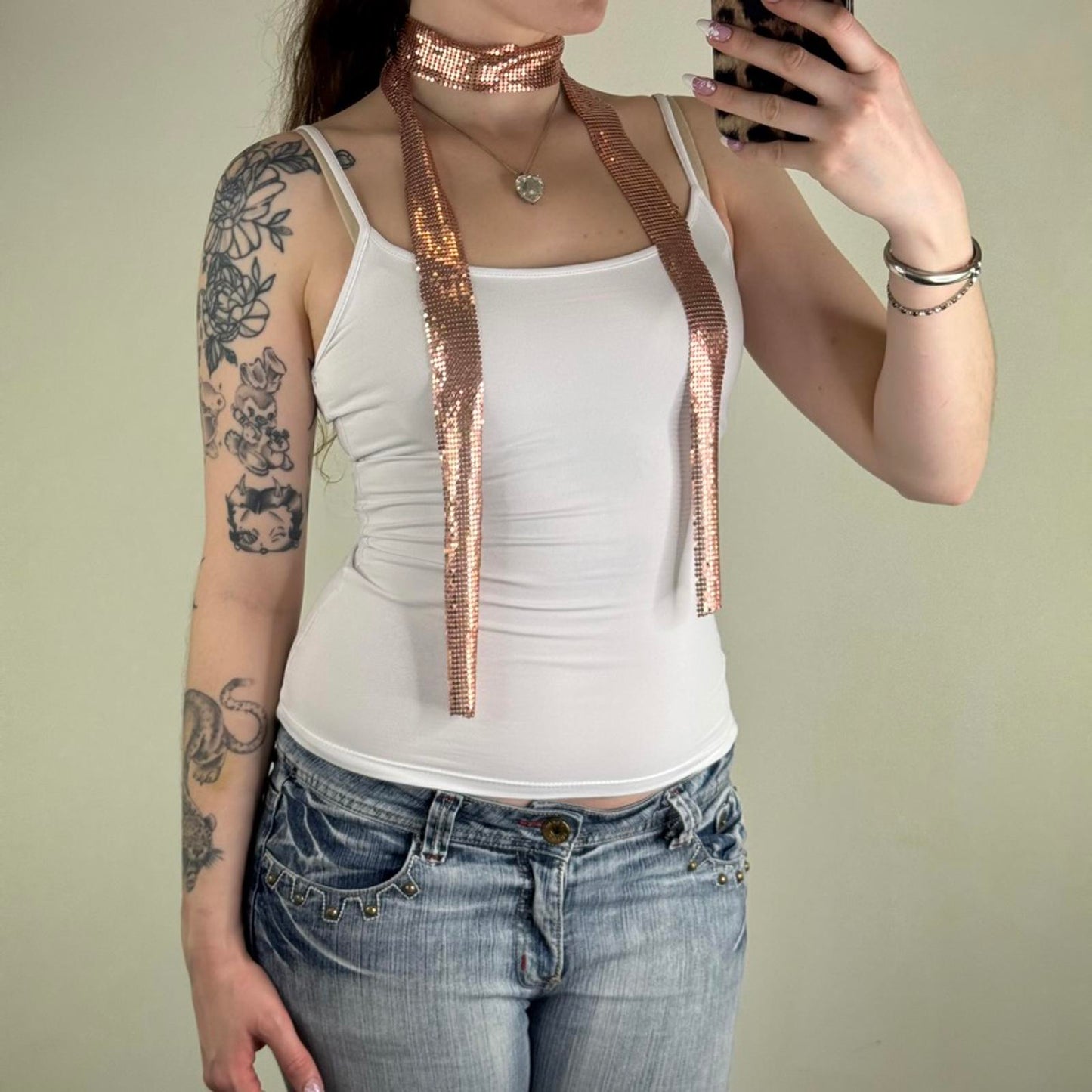 Y2K vintage chainmail scarf skinny thin copper rose gold colour
