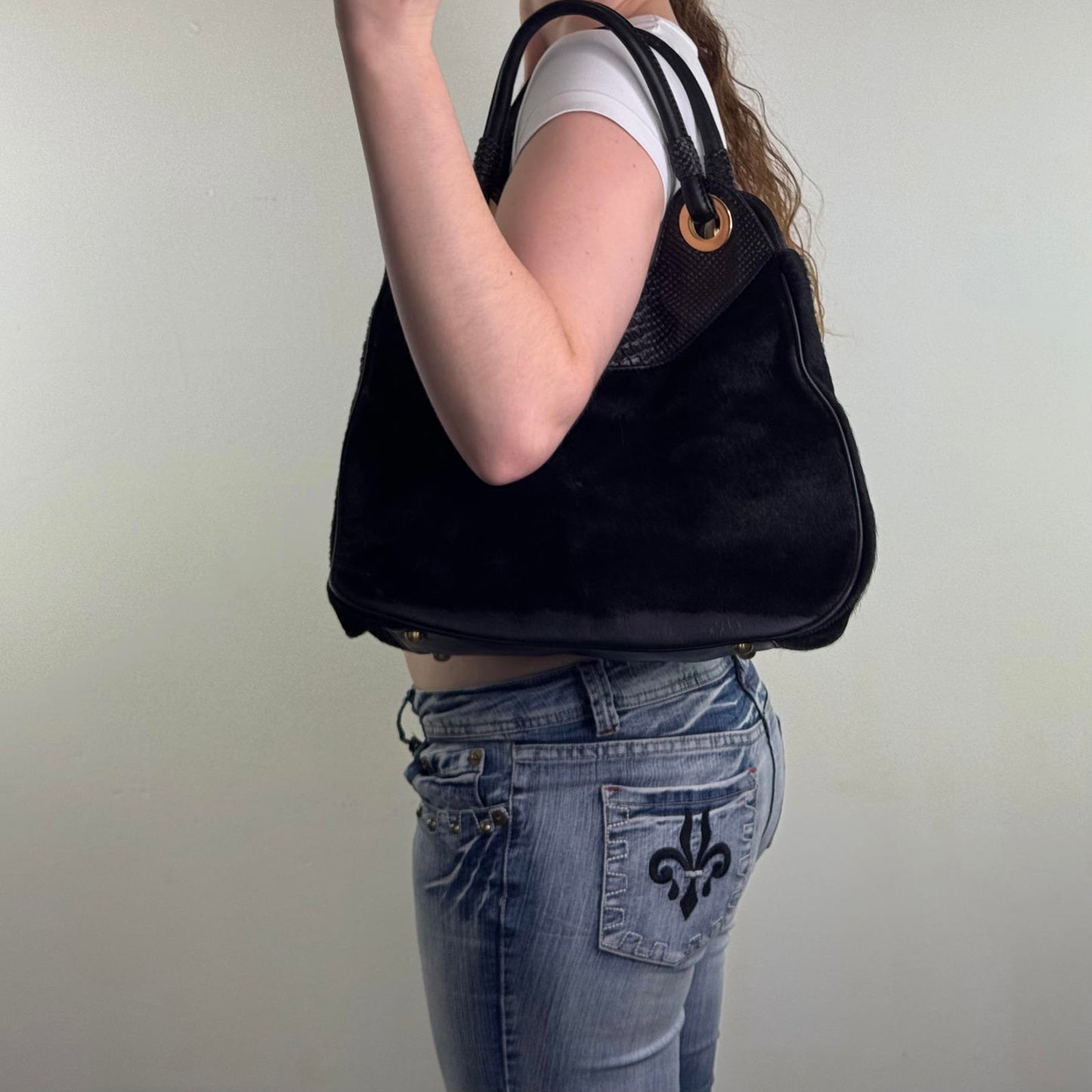 Y2K vintage genuine pony fur leather shoulder bag handbag croc print black gold