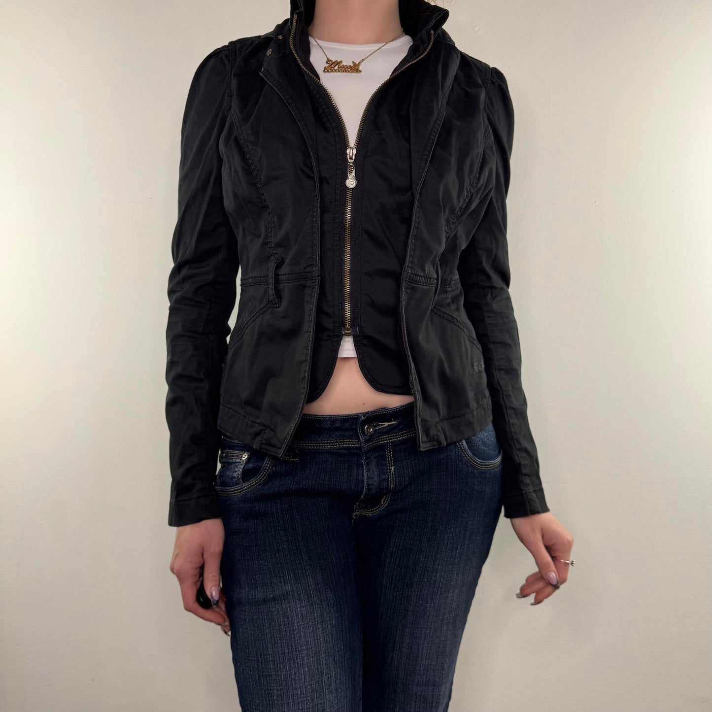 Y2K vintage fitted zip up denim blazer stretchy jacket archive avant garde