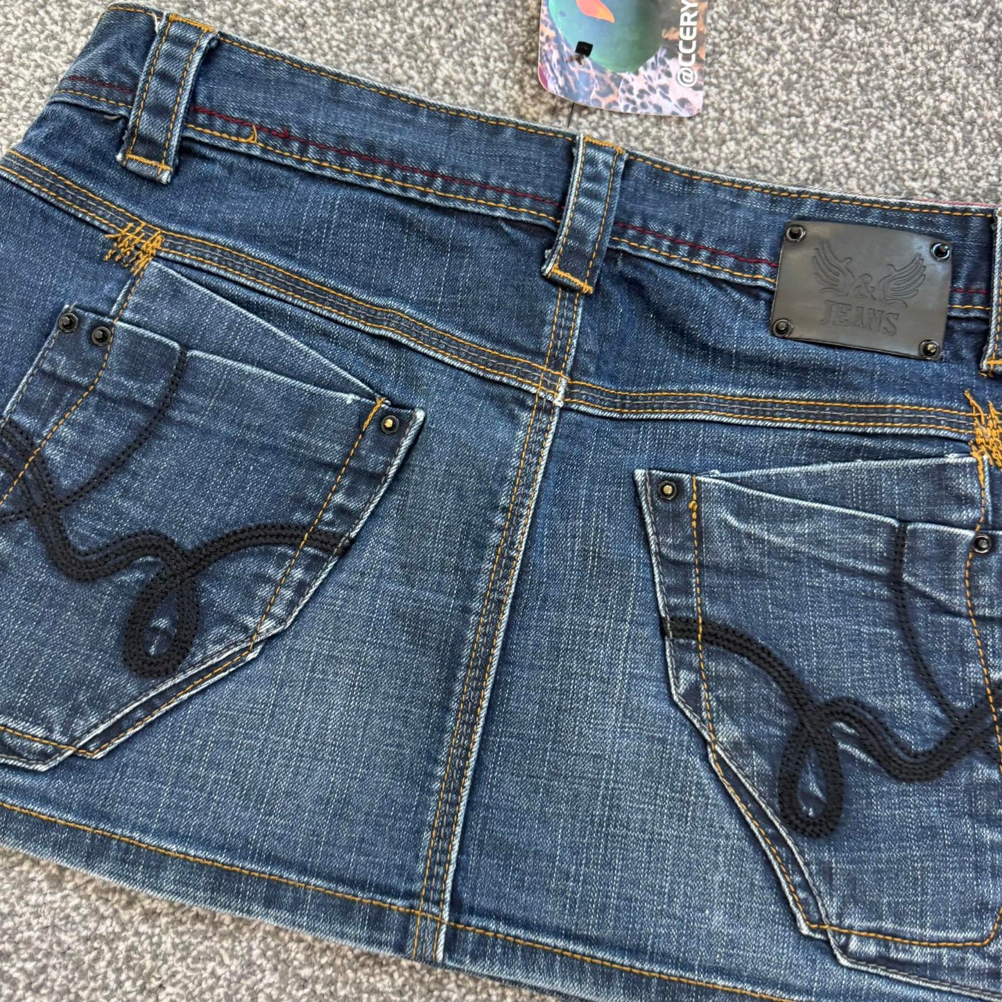 Y2K vintage micro low rise denim mini skirt dark blue embroidery pockets