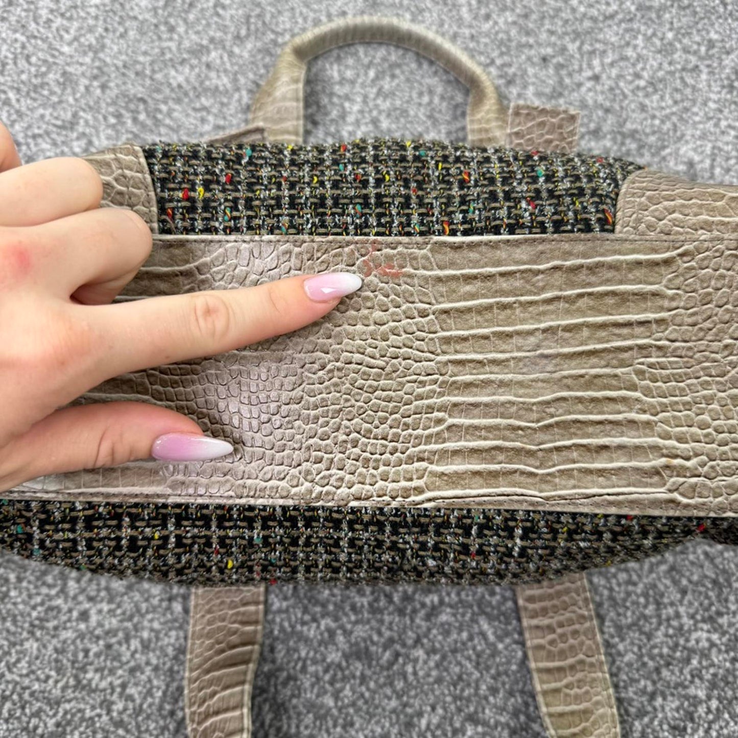 Y2K vintage tweed mini barrel handbag with flower charm grommet buckles croc