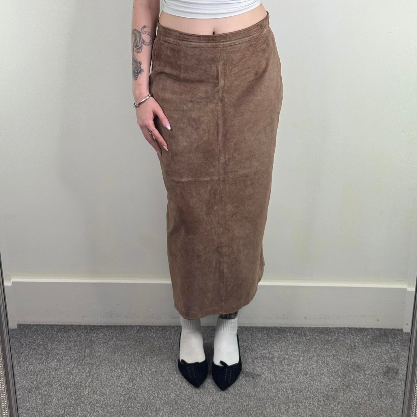 Y2K vintage genuine leather suede maxi skirt a line long full length brown