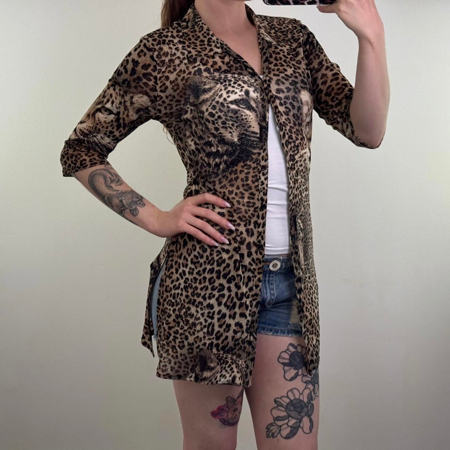 Y2K vintage mesh leopard print button up half sleeve cardigan long length v neck