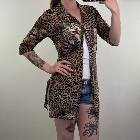Y2K vintage mesh leopard print button up half sleeve cardigan long length v neck