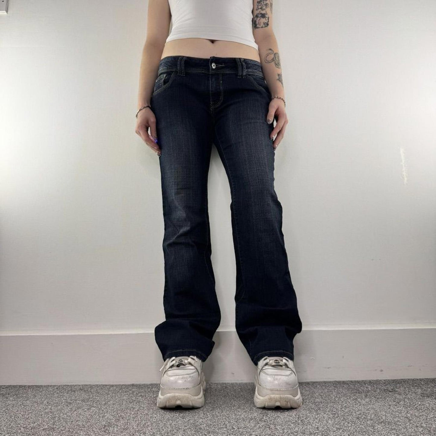 Y2K vintage low rise crown embroidered bootcut denim jeans dark blue faded