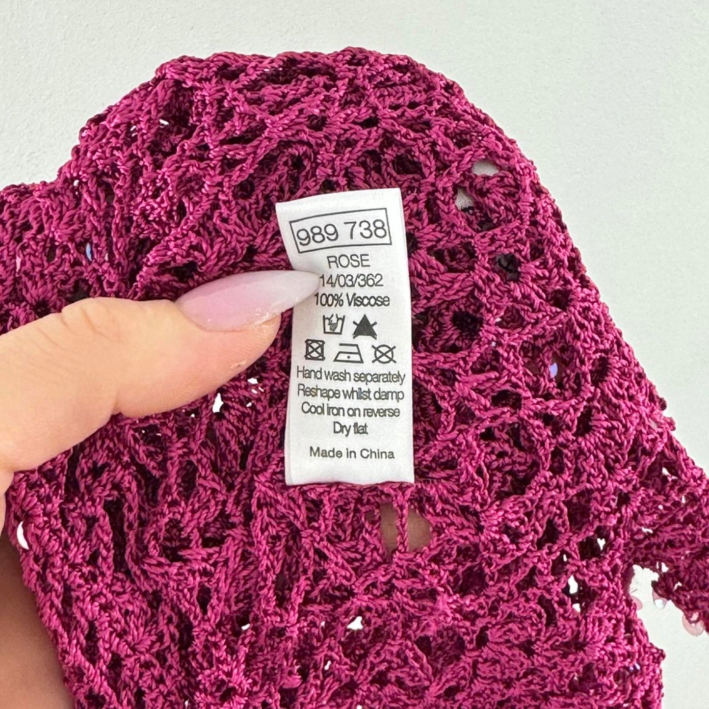 Y2K vintage crochet cardigan sequin button up scallop hem pink v neck knit sheer