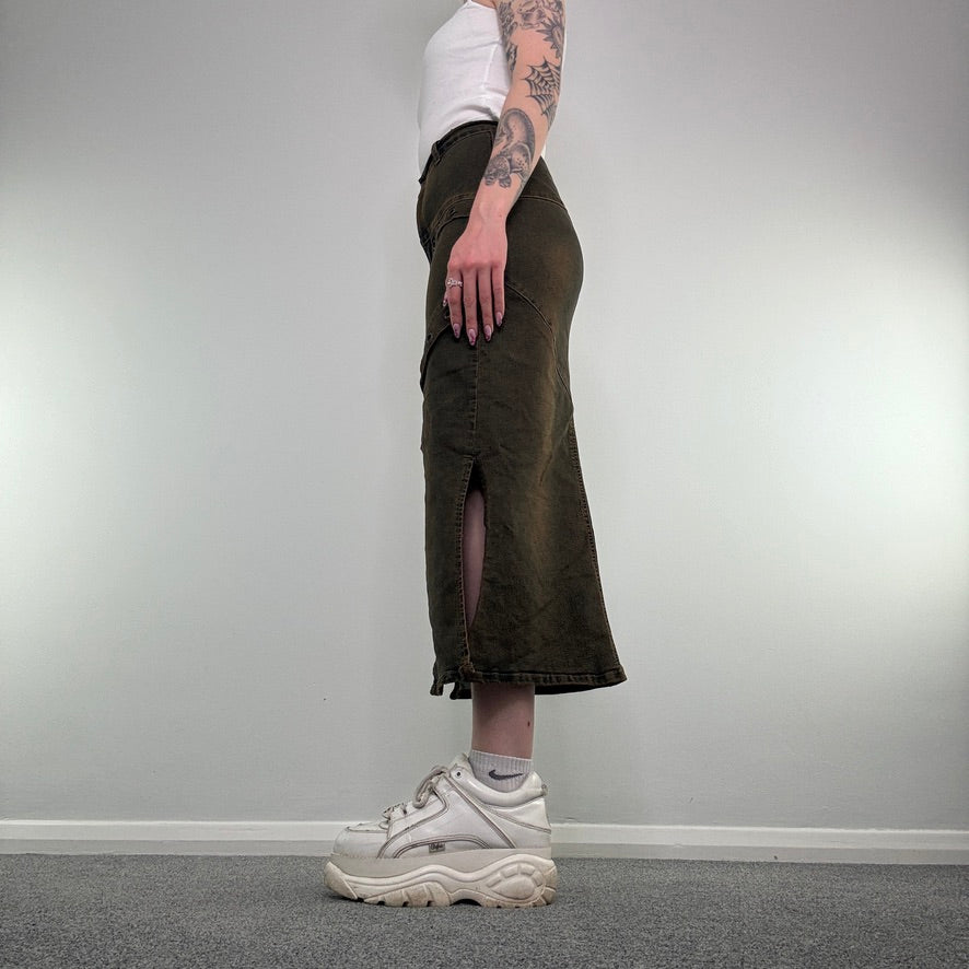 Y2K vintage faded denim grommet maxi skirt