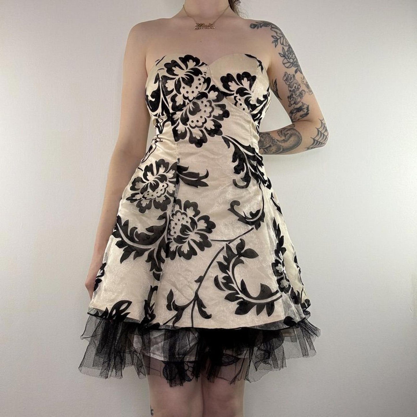 Y2K vintage mini dress strapless floral a line fishnet rara layered flower