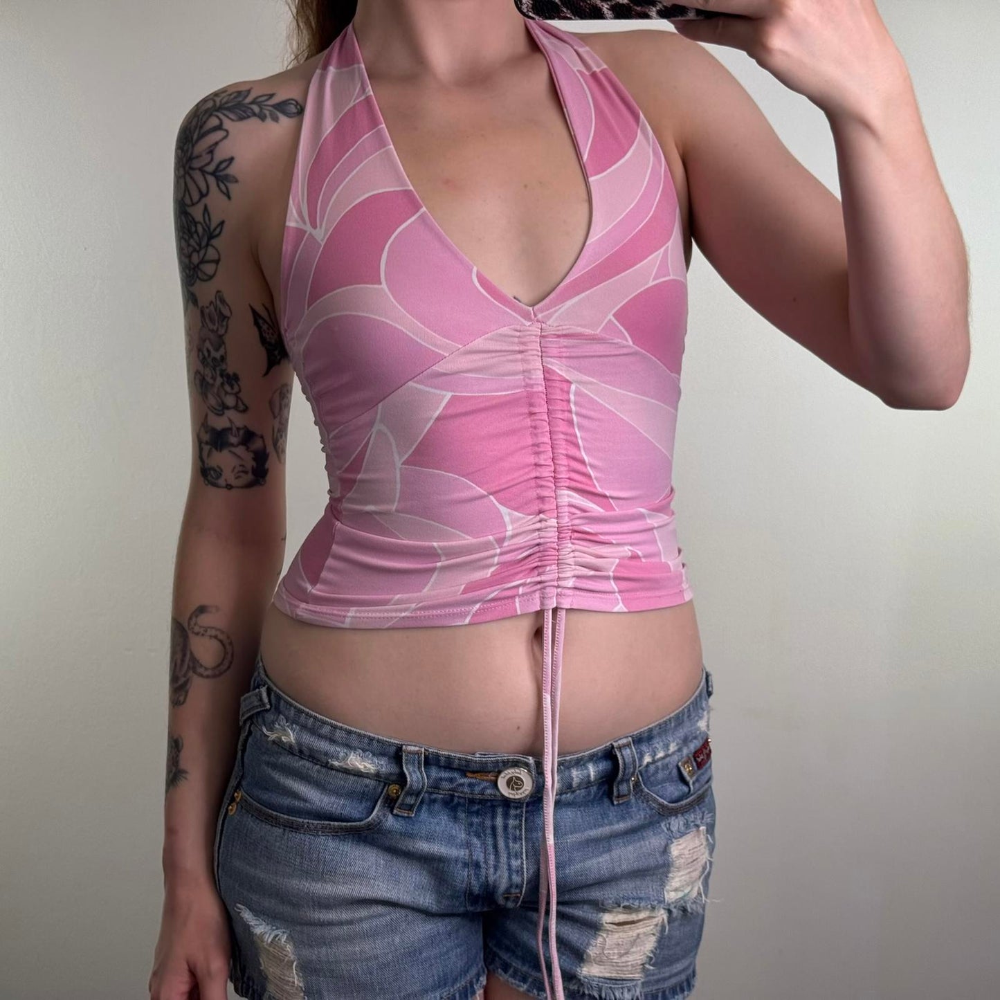 Y2K vintage Jane Norman slinky halter neck top pink ruched bow pattern