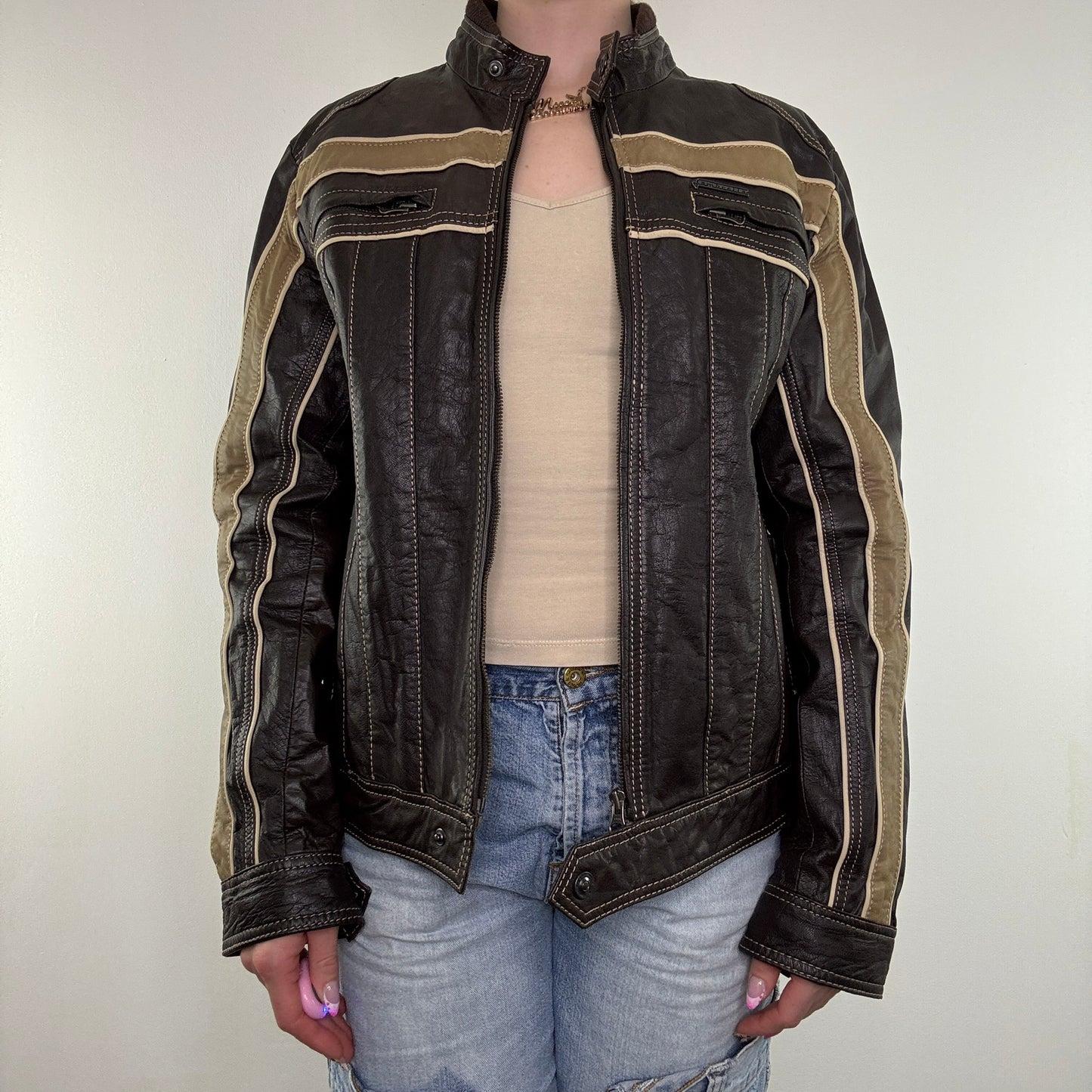 Y2K vintage leather two tone zip up jacket racing biker motorcycle style