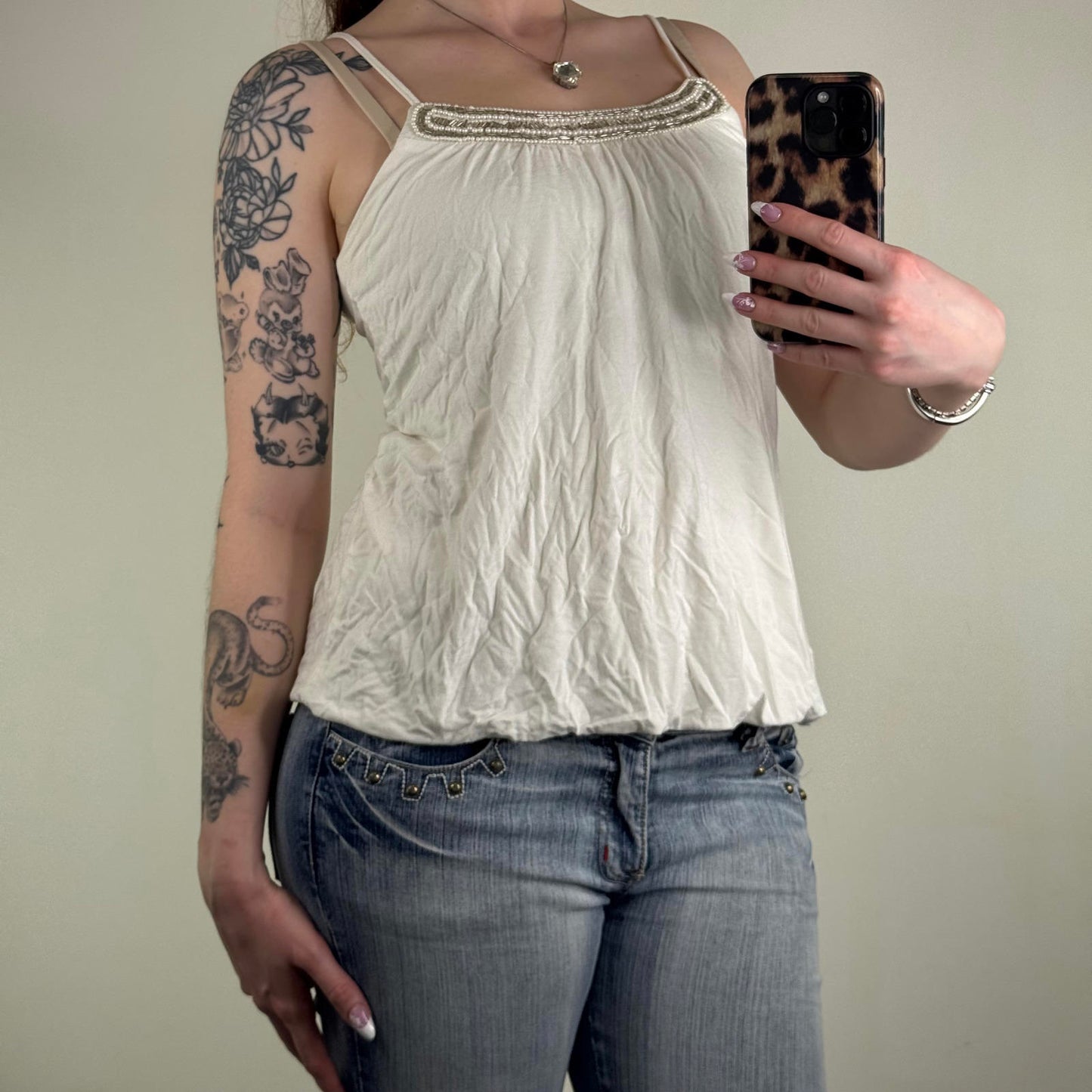 Y2K vintage cami top peplum beaded sequin embellished strappy white summer