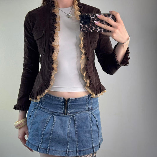 Y2K vintage corduroy open front frill trim jacket brown beige lightweight short