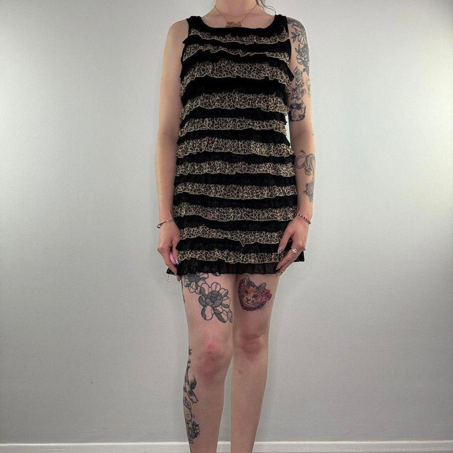 Y2K vintage leopard print sparkly frilly mini dress tiered round neck black