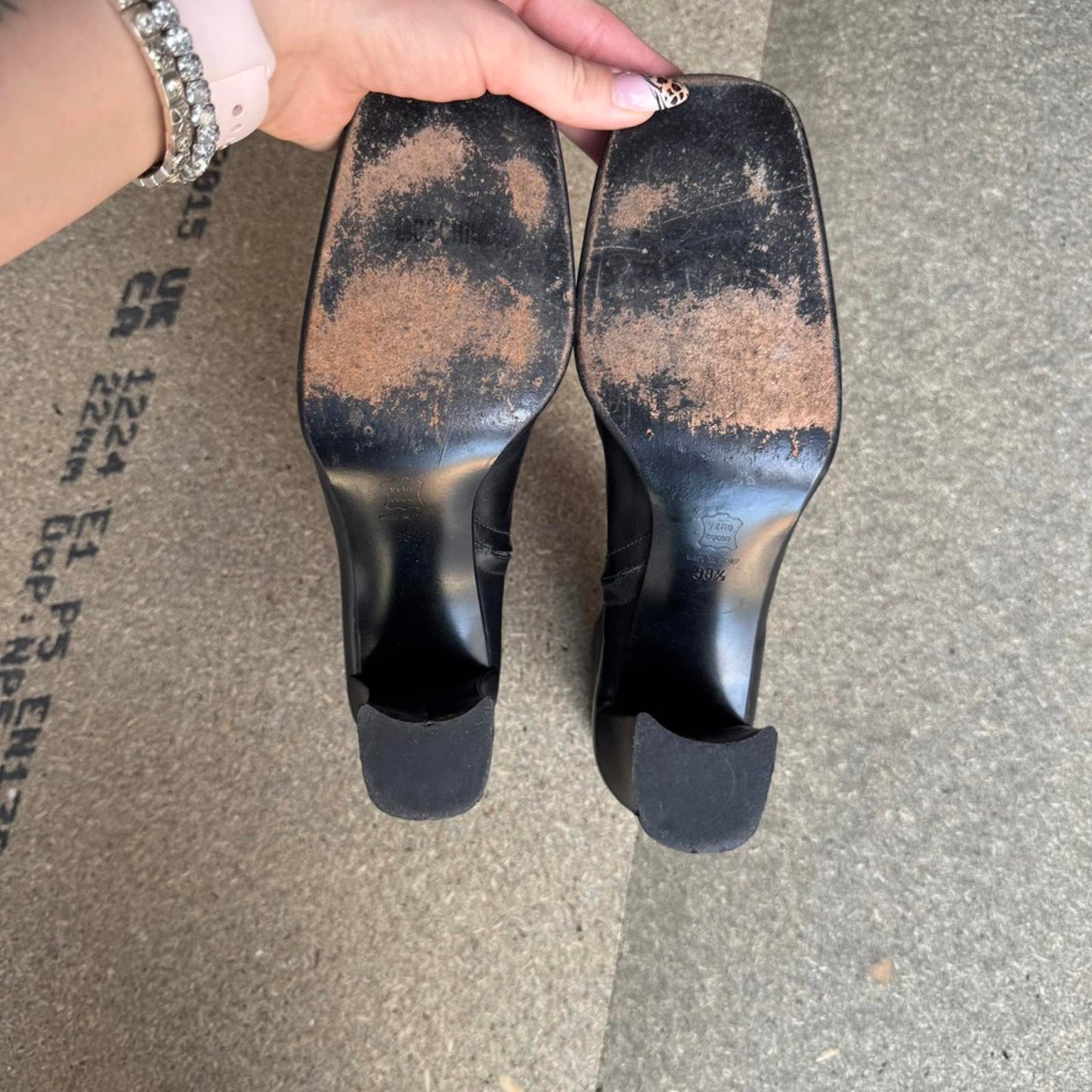 90s Y2K vintage Moschino leather block heel boots heart buckle square toe