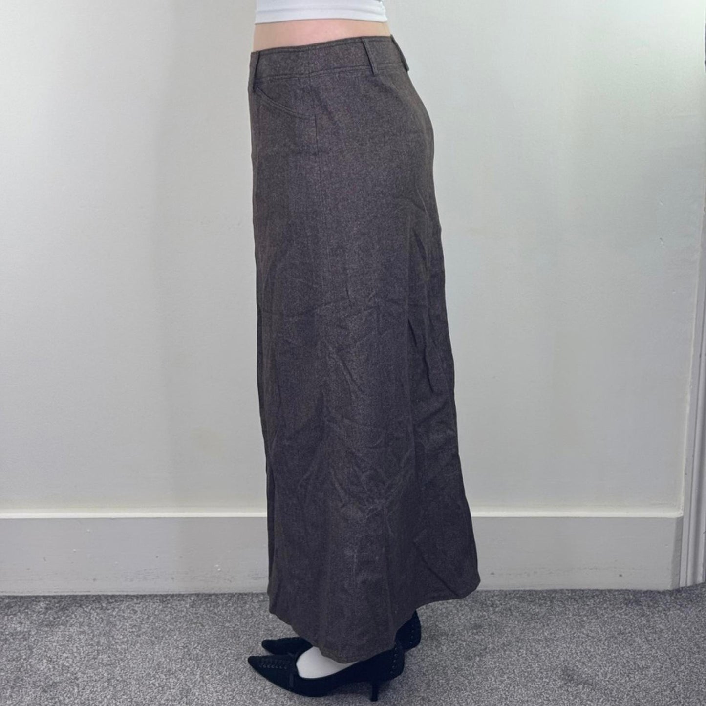 Y2K vintage Monsoon wool blend a line maxi skirt brown tweed pockets mid rise
