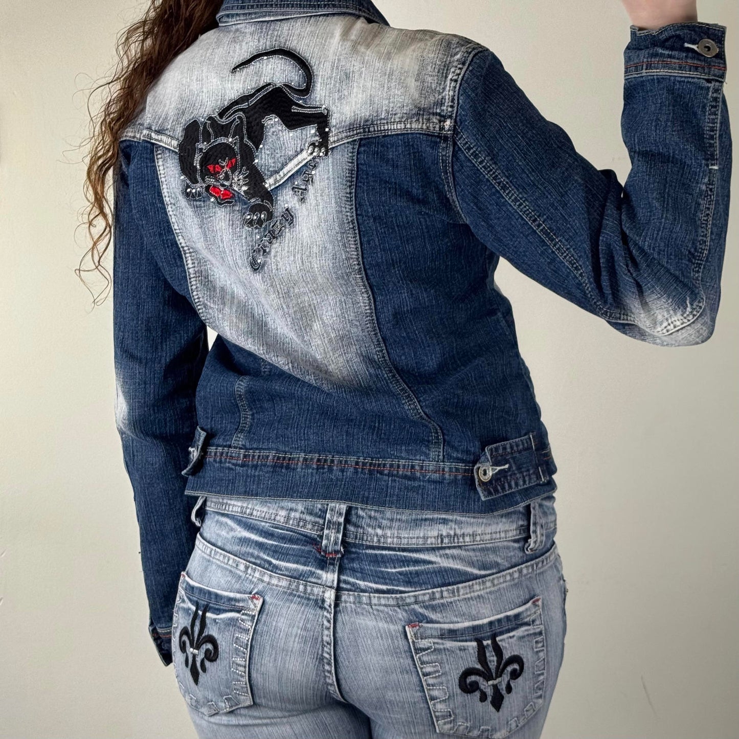Y2K vintage Crazy Age denim jacket button up panther embroidery stretchy