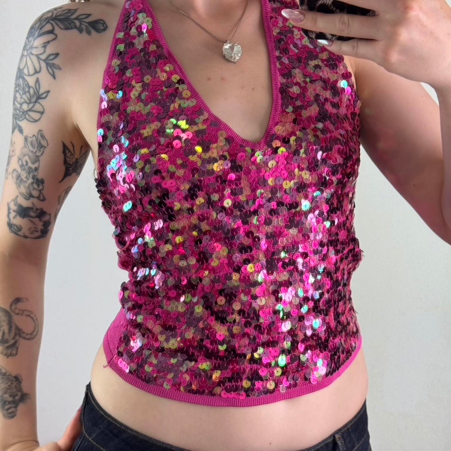 Y2K vintage halter neck sequin tank top fine knit embellished stretchy hot pink