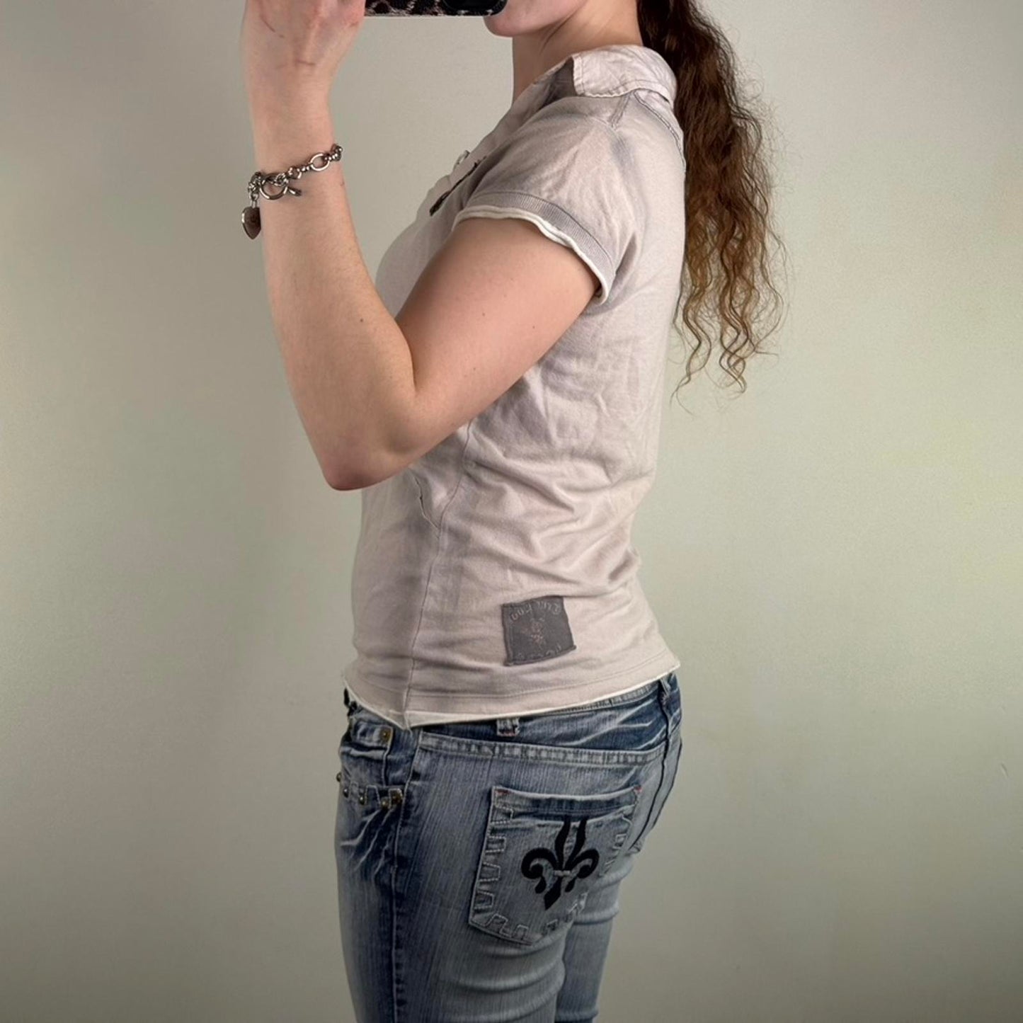 Y2K vintage River Island polo t shirt top v neck grey cross patches collared