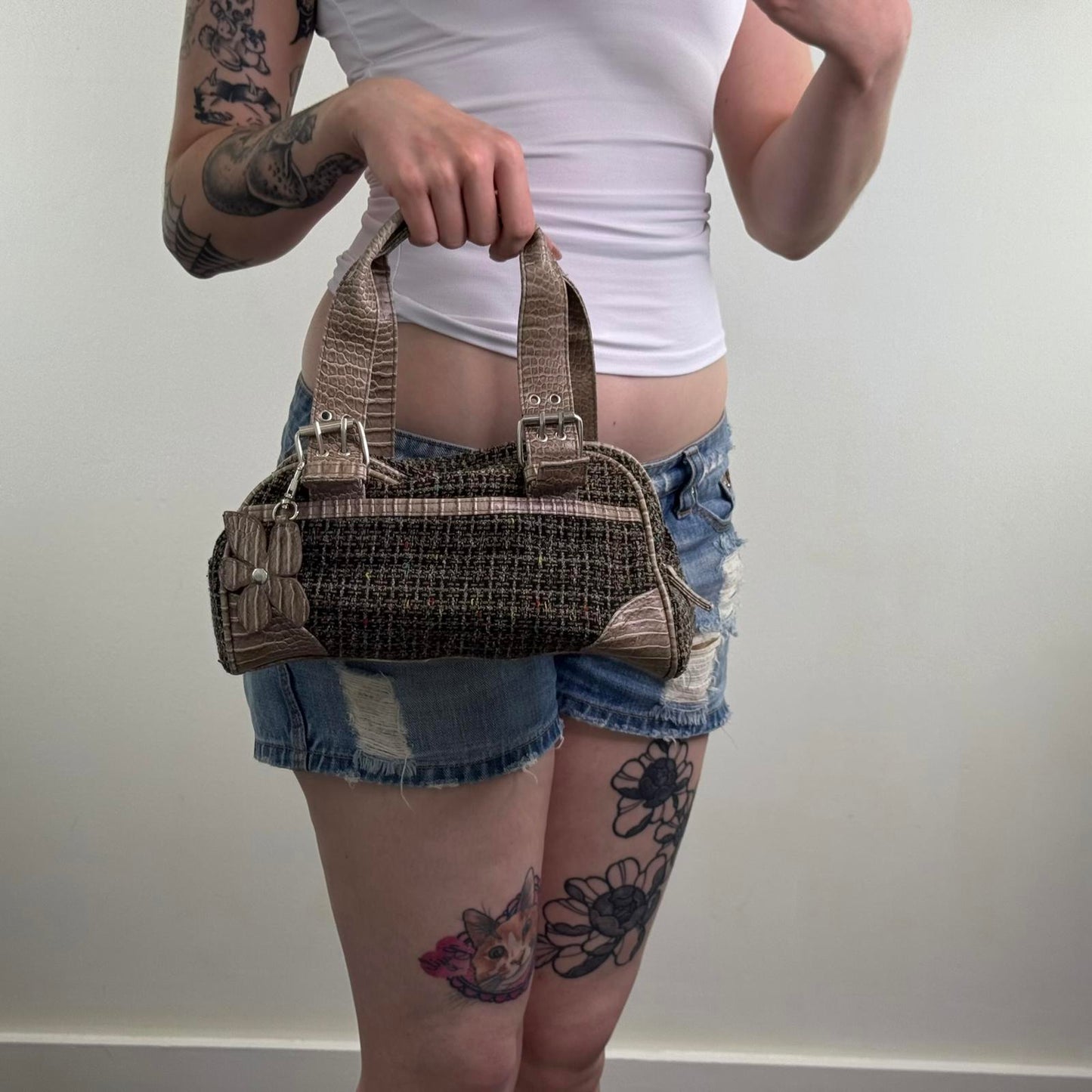 Y2K vintage tweed mini barrel handbag with flower charm grommet buckles croc