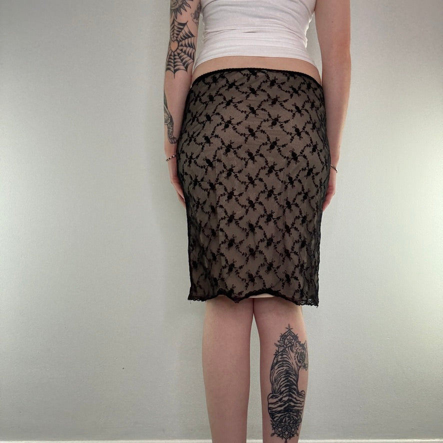 Y2K mesh overlay floral embroidered stretchy midi skirt