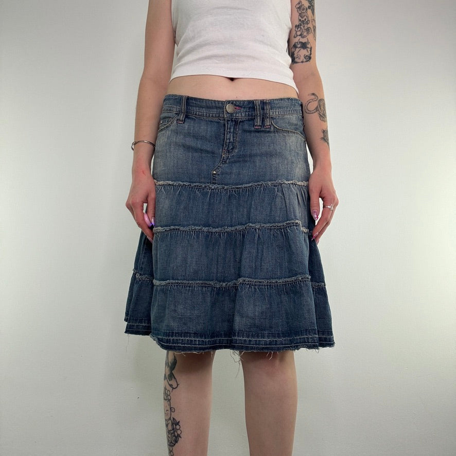 Y2K low rise faded denim tiered midi skirt