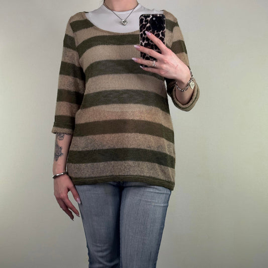 Y2K vintage fine knit stripe 3/4 sleeve top round neckline khaki sheer knitted