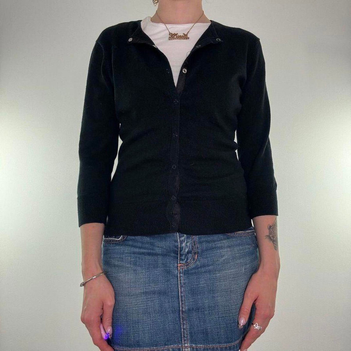 Y2K vintage fine knit button up cardigan popper buttons round high neck black