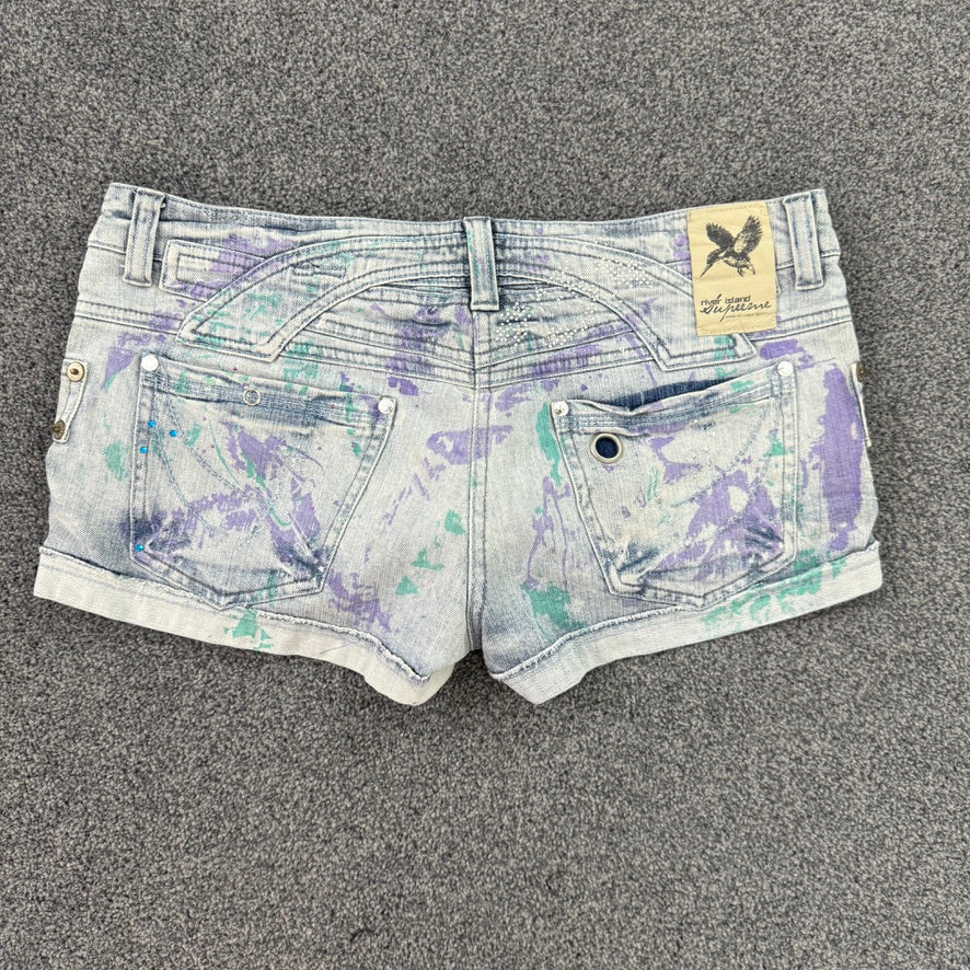 Y2K low rise paint splattered rhinestone mini denim shorts