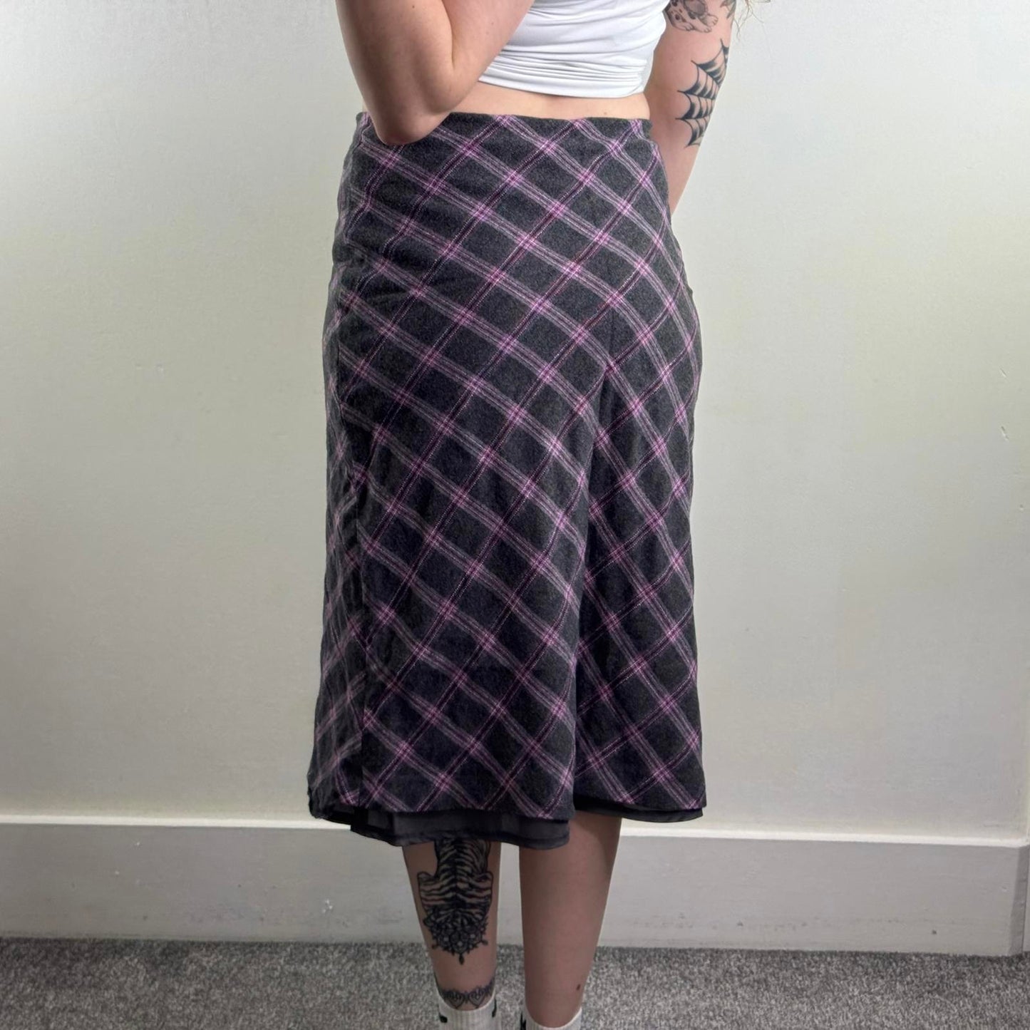Y2K vintage wool blend tartan midi skirt a line purple grey preppy