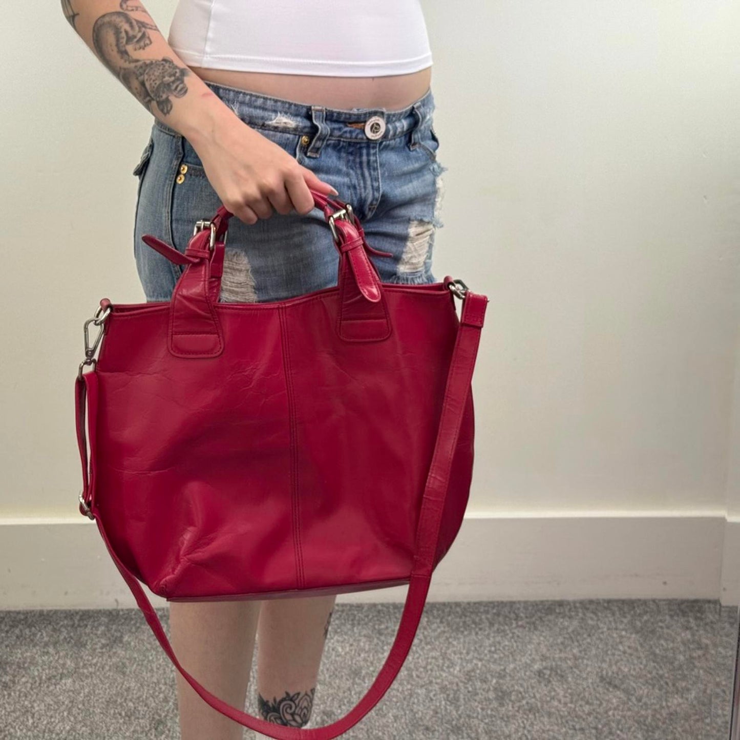 Y2K vintage faux leather pink  large handbag tote crossbody strap