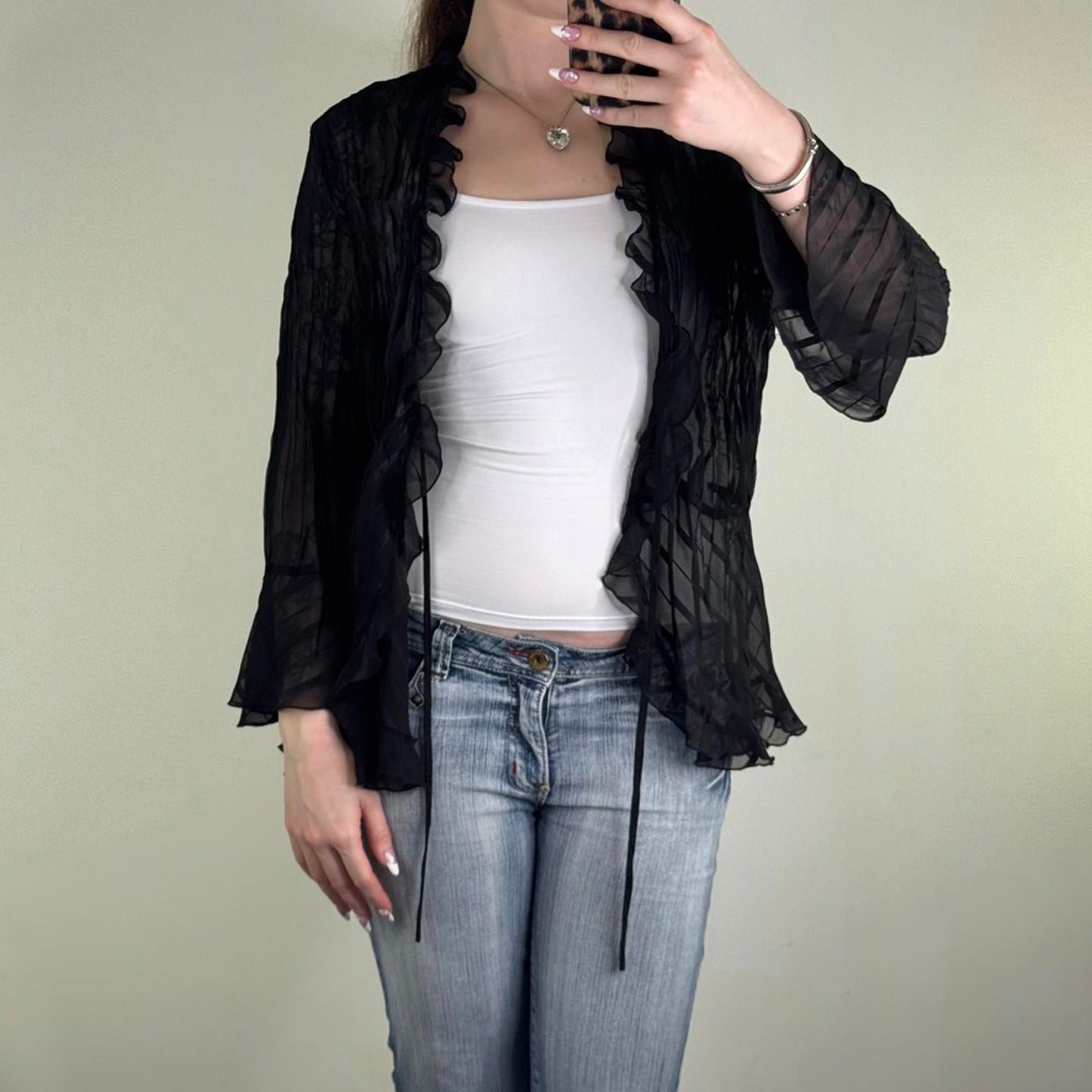 Y2K vintage sheer blouse tie bow front flare sleeve v neck frilly pleated black