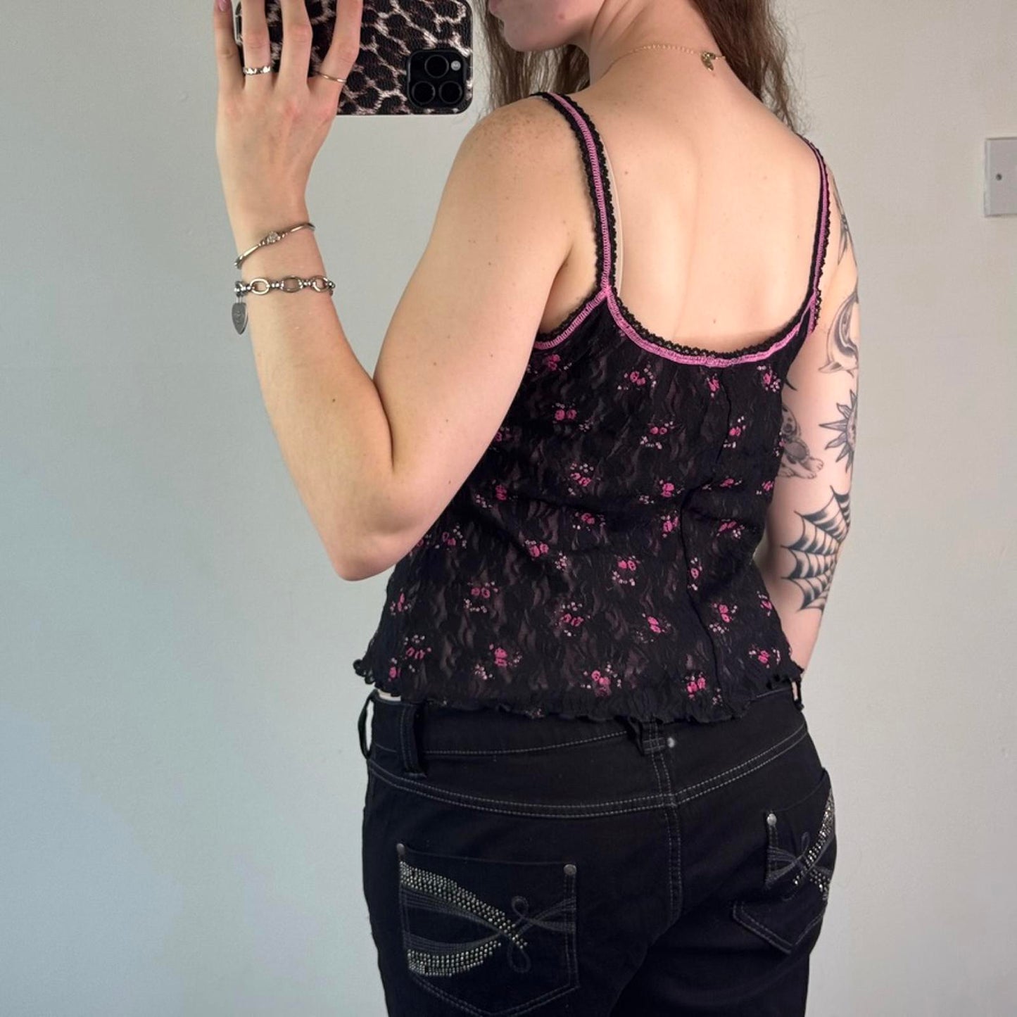 Y2K vintage ditsy floral milkmaid style bow black pink lace overlay trim strappy