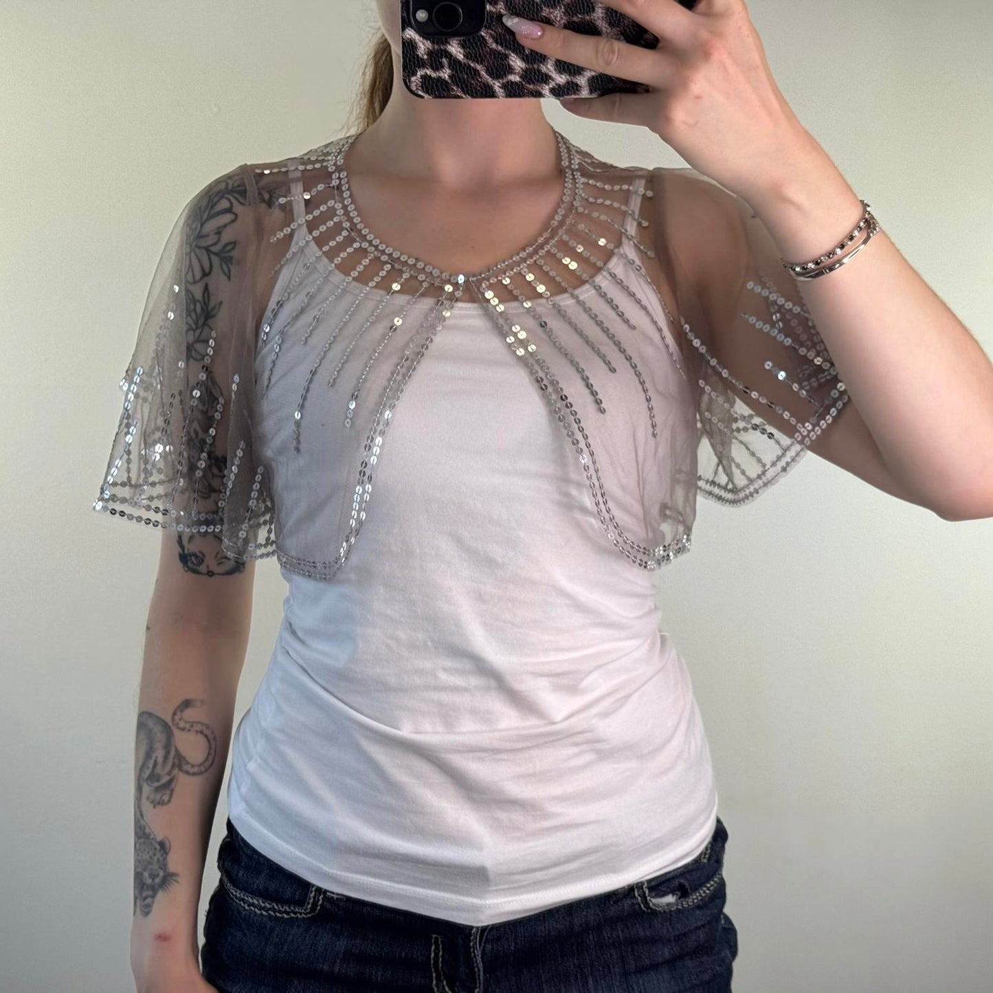 Y2K vintage cropped mesh shawl cape sequin embellished sheer boho festival chic