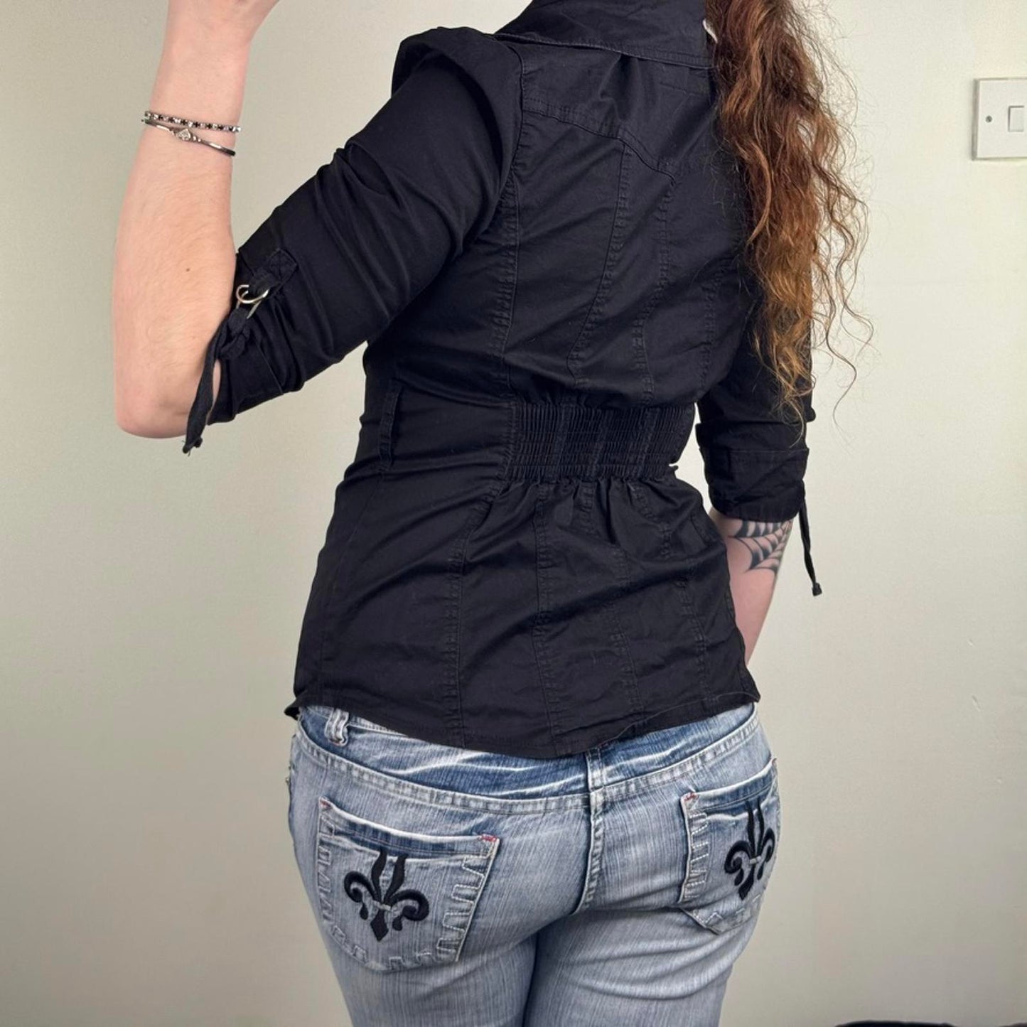 Vintage Jane Norman button up shirt 3/4 sleeve popper v neck fitted black buckle