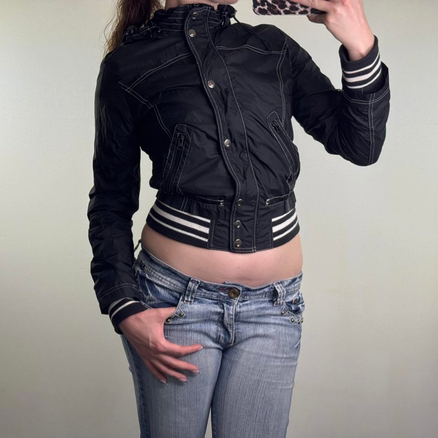 Y2K vintage lightweight zip up jacket slight crop with hood stripe bomber