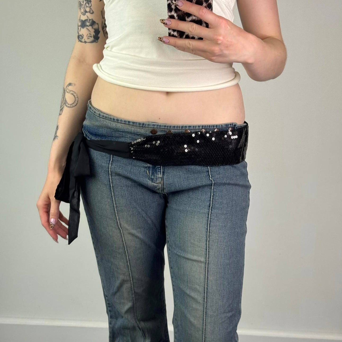 Y2K vintage sequin embellished belt tie adjustable bow black