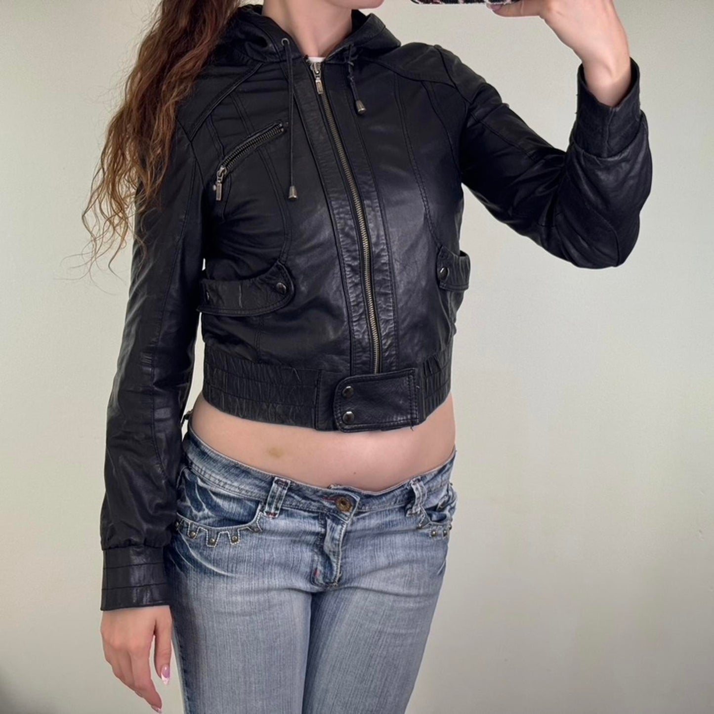 Y2K vintage genuine leather zip up jacket crop short length elastic waist hood