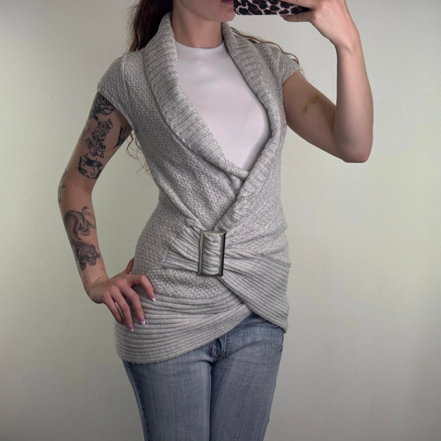 Y2K vintage Jane Norman short sleeve knitted jumper side buckle deep v neck