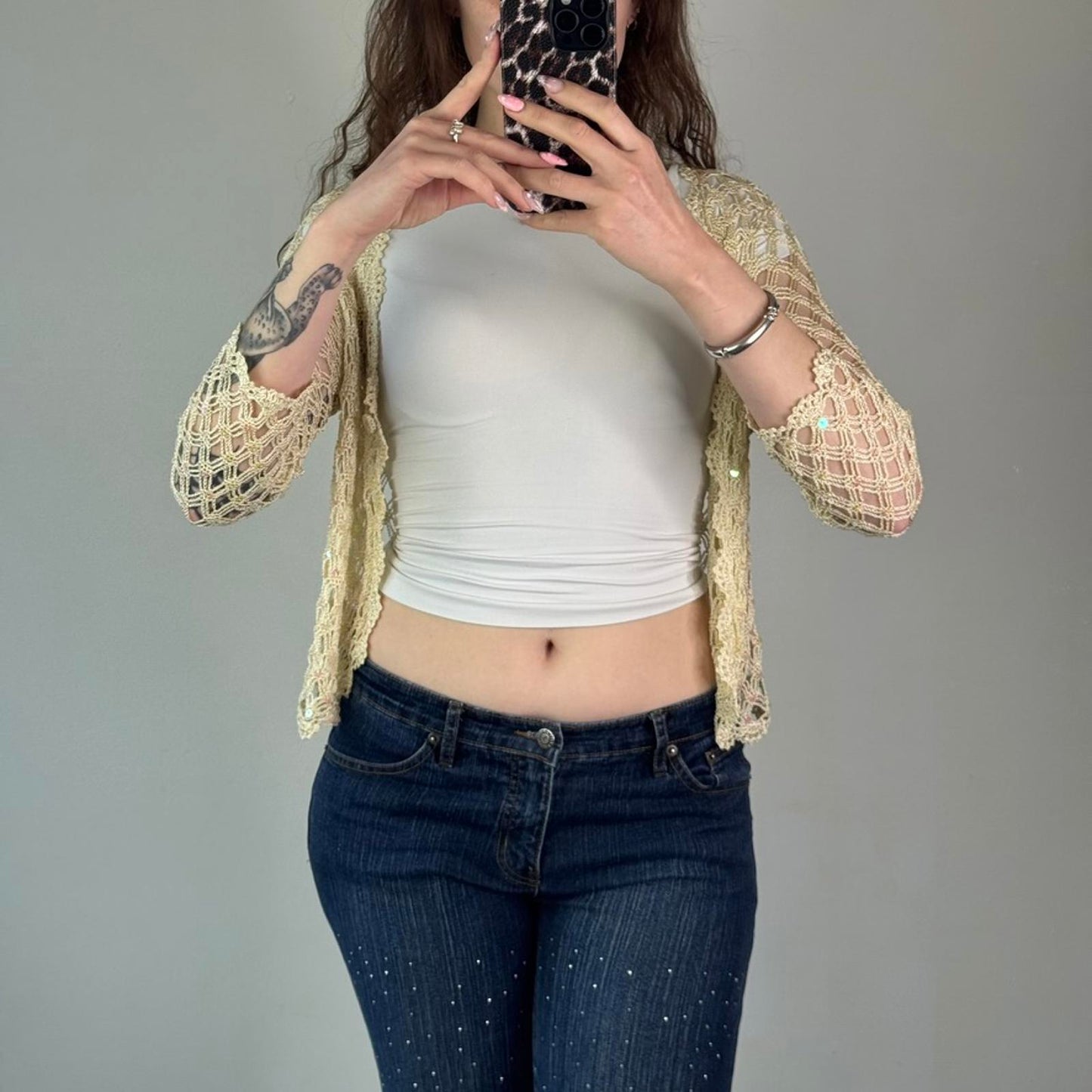 Y2K vintage sequin crochet scallop hem button cardigan 3/4 sleeve summer