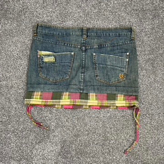 Y2K vintage Animal denim mini skirt mid rise tartan plaid check hem distressed