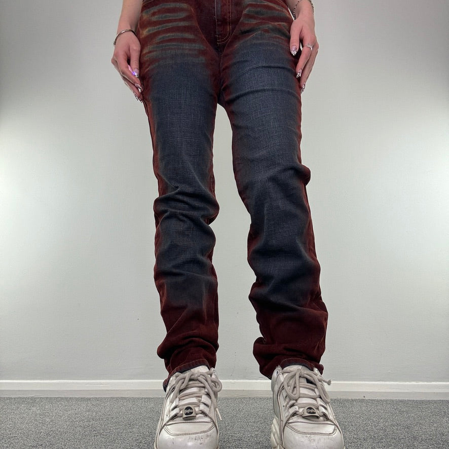 Y2K faded archive denim red suede straight leg mid rise jeans