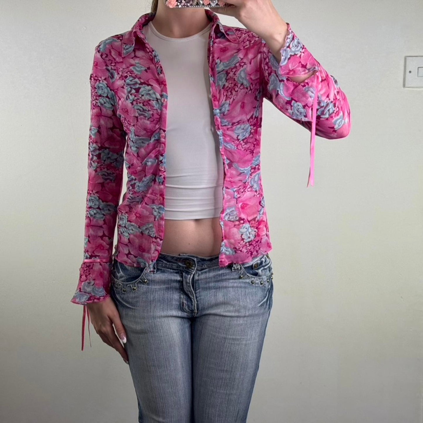 Y2K vintage Per Una mesh long sleeve top button up sheer floral bows ruched